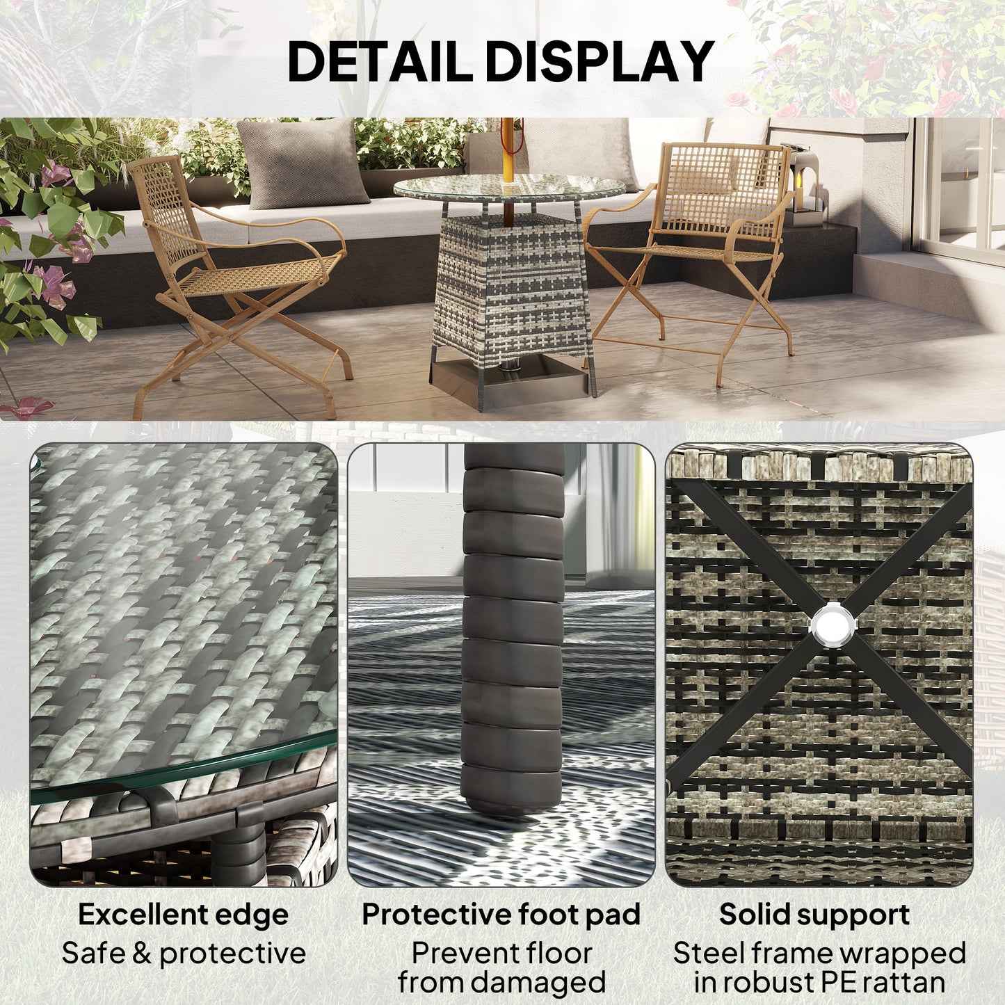 Patio Furniture Rattan Garden Table with Umbrella Hole, Grey