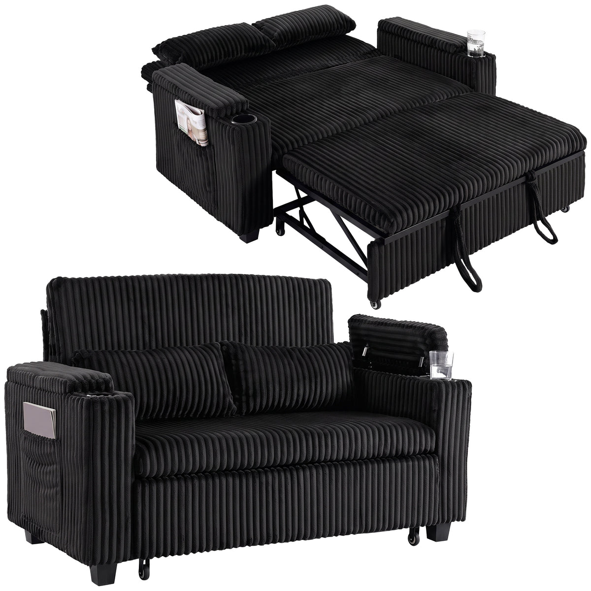 2 Seater Sofa Bed, 3-in-1 Corduroy Pull Out Sleeper Sofa, Black