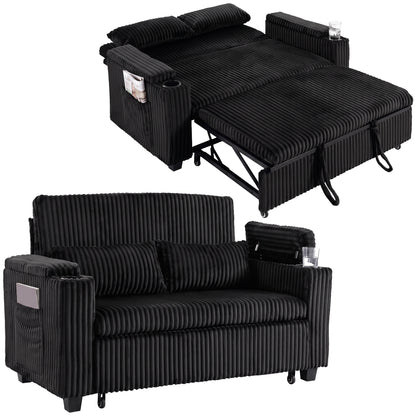 2 Seater Sofa Bed, 3-in-1 Corduroy Pull Out Sleeper Sofa, Black