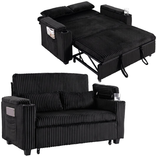 2 Seater Sofa Bed, 3-in-1 Corduroy Pull Out Sleeper Sofa, Black