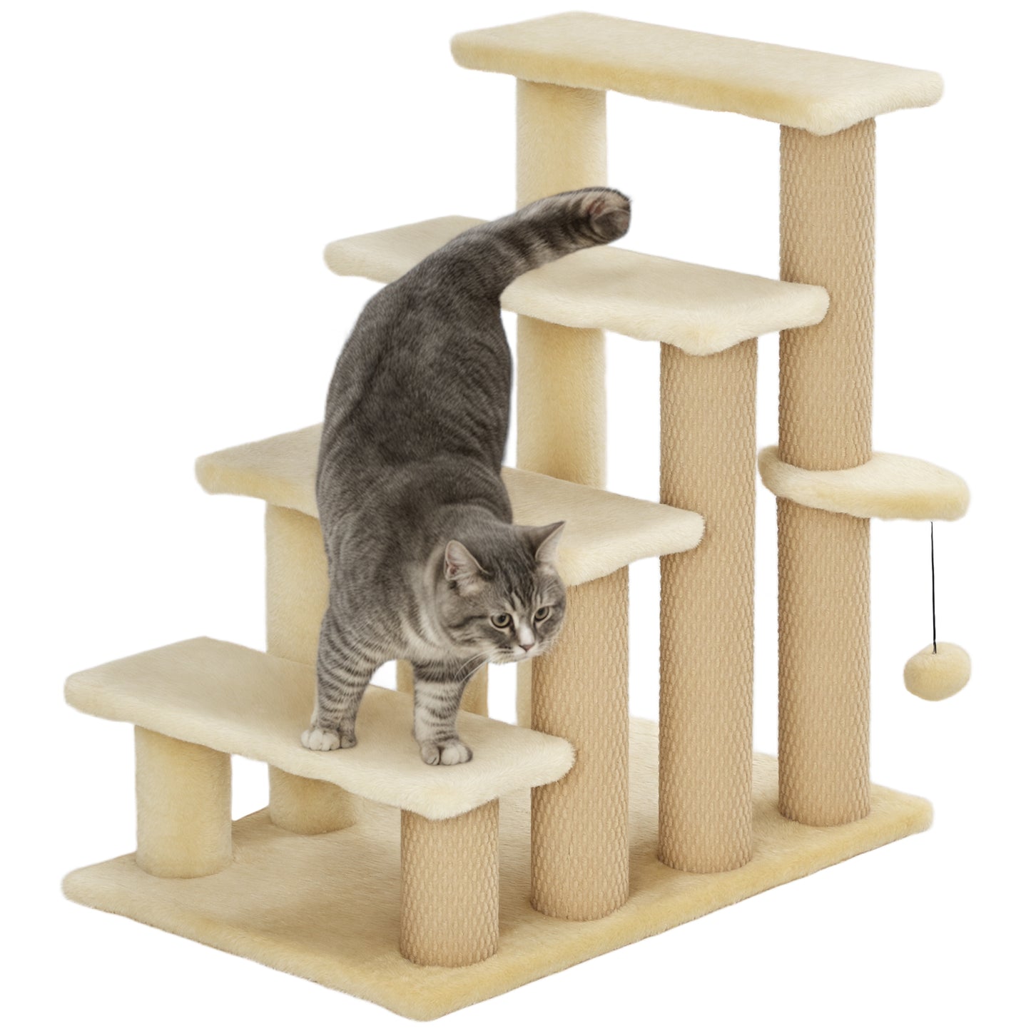 Pet Stairs, Cat Tree Climb Ladder with 4-step Stair, Scratching Posts, Platforms, Toy Ball, for Indoor Cats, Beige