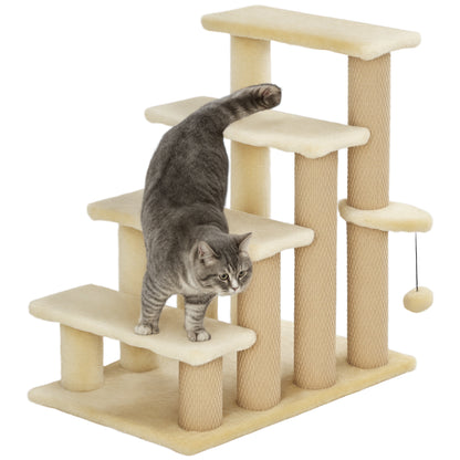 Pet Stairs, Cat Tree Climb Ladder with 4-step Stair, Scratching Posts, Platforms, Toy Ball, for Indoor Cats, Beige