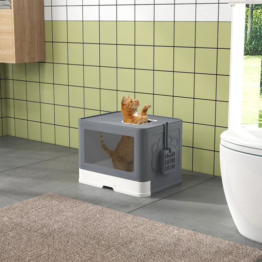 Cat Litter Box Enclosed with Lid Front Entry Top Exit, Drawer Tray, Scoop, Brush, 48.5 x 38 x 36.5cm - Grey