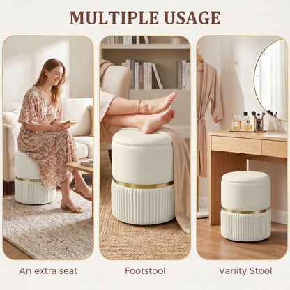 Round Storage Stool, Velvet-feel Fabric Upholstered Vanity Stool with Removable Top, Padded Seat and Hidden Space for Living Room, Bedroom, Beige