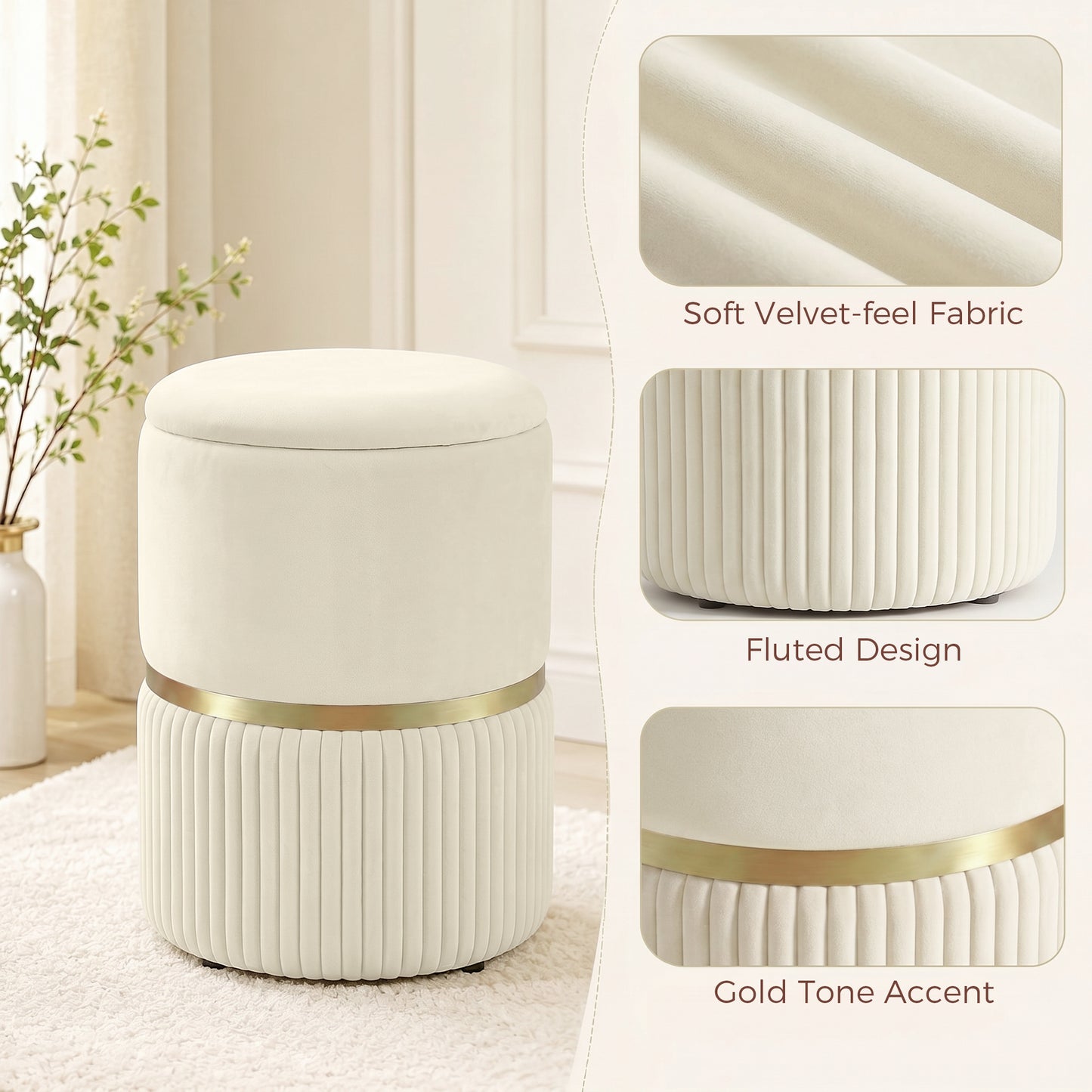 Round Storage Stool, Velvet-feel Fabric Upholstered Vanity Stool with Removable Top, Padded Seat and Hidden Space for Living Room, Bedroom, Beige