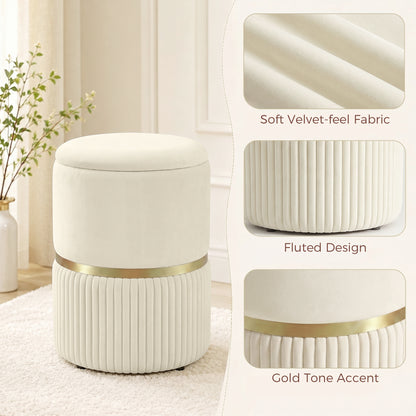 Round Storage Stool, Velvet-feel Fabric Upholstered Vanity Stool with Removable Top, Padded Seat and Hidden Space for Living Room, Bedroom, Beige