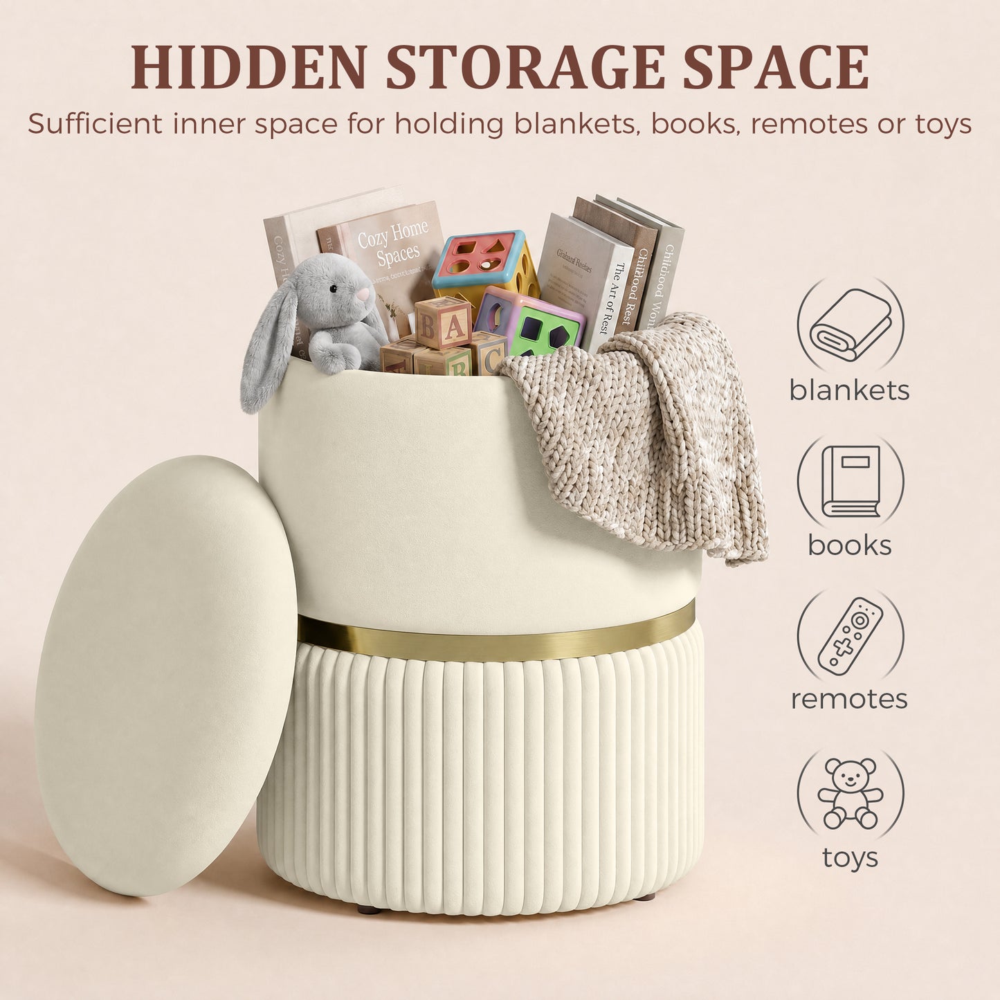 Round Storage Stool, Velvet-feel Fabric Upholstered Vanity Stool with Removable Top, Padded Seat and Hidden Space for Living Room, Bedroom, Beige