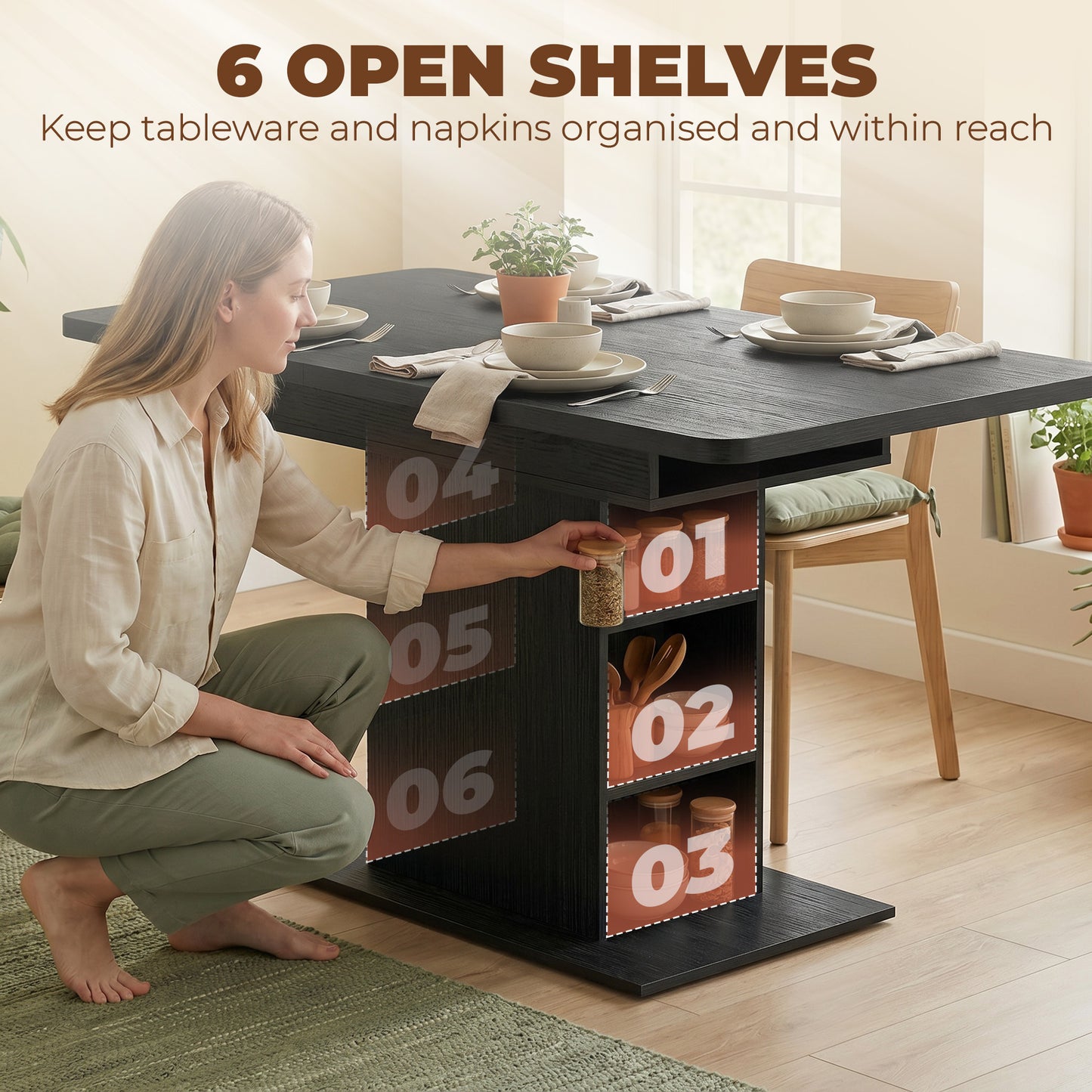 Extendable Dining Table for 4-6 People, 110-130cm Kitchen Table with 6 Open Shelves, Storage Compartment for Home, Living Room, Small Spaces, Black