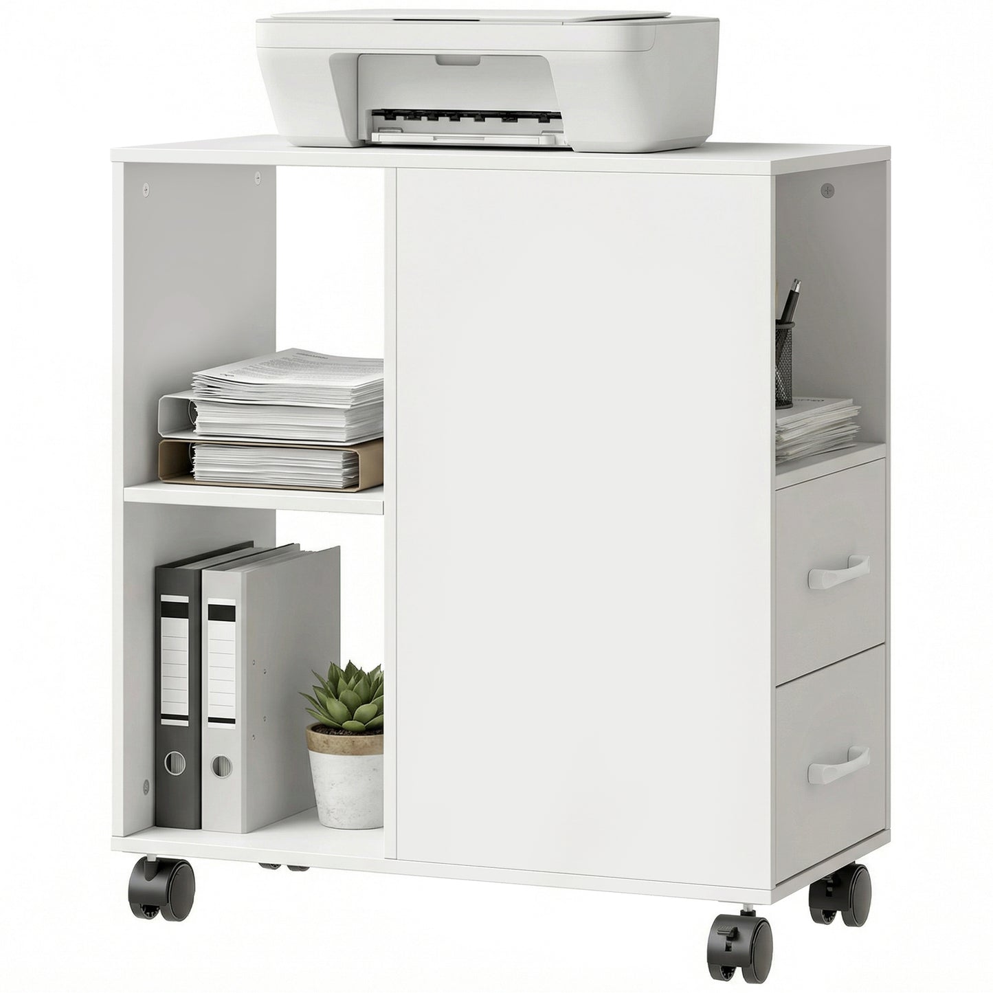 Mobile Printer Table with Drawers on Wheels for Home Office, White