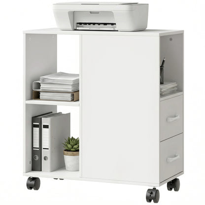 Mobile Printer Table with Drawers on Wheels for Home Office, White