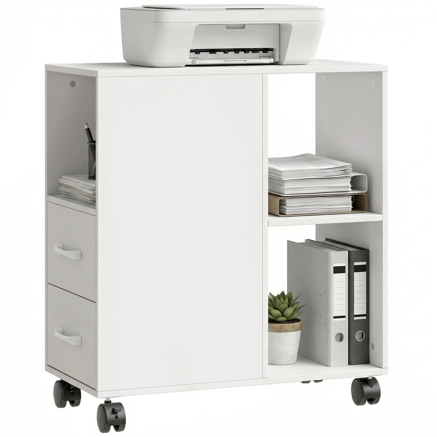 Mobile Printer Table with Drawers on Wheels for Home Office, White