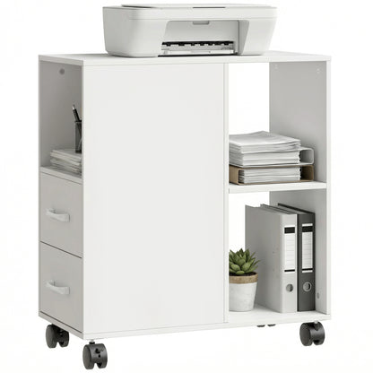 Mobile Printer Table with Drawers on Wheels for Home Office, White