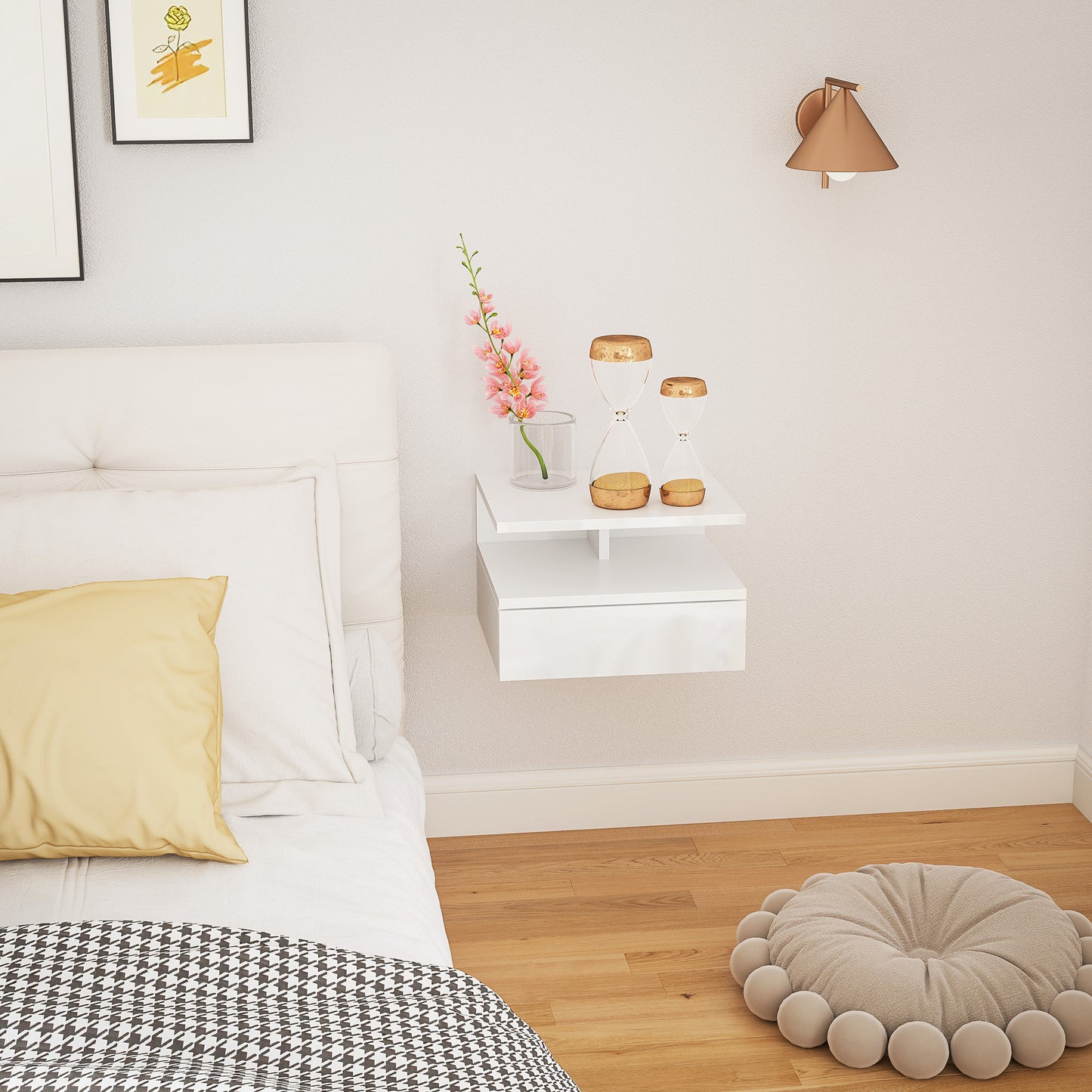 Wall Mounted Nightstand, Floating Bedside Table, High Gloss White