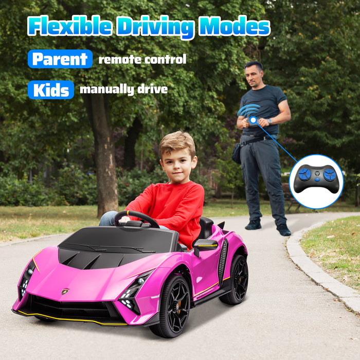 12V Lamborghini Autentica Licensed Ride on Car with Butterfly Doors, Battery Powered Kids Electric Car with Remote Control, 4 Suspension Wheels, Soft Start, LED Lights, Music, Horn, Pink