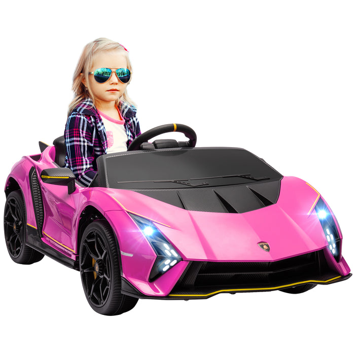 12V Lamborghini Autentica Licensed Ride on Car with Butterfly Doors, Battery Powered Kids Electric Car with Remote Control, 4 Suspension Wheels, Soft Start, LED Lights, Music, Horn, Pink