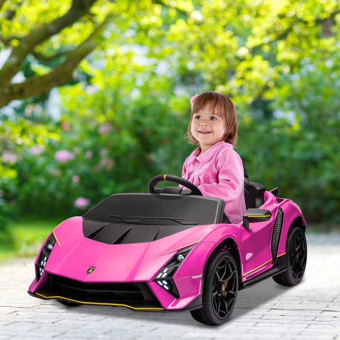 12V Lamborghini Autentica Licensed Ride on Car with Butterfly Doors, Battery Powered Kids Electric Car with Remote Control, 4 Suspension Wheels, Soft Start, LED Lights, Music, Horn, Pink