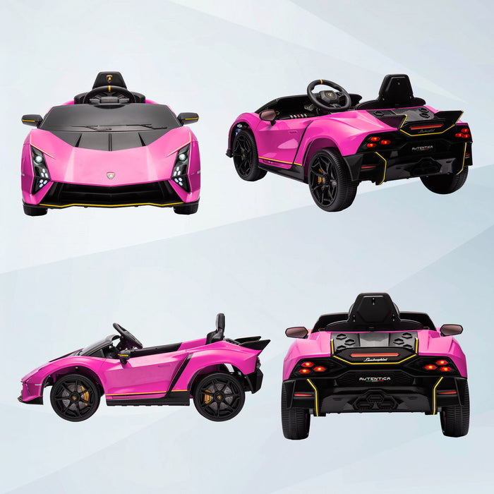 12V Lamborghini Autentica Licensed Ride on Car with Butterfly Doors, Battery Powered Kids Electric Car with Remote Control, 4 Suspension Wheels, Soft Start, LED Lights, Music, Horn, Pink