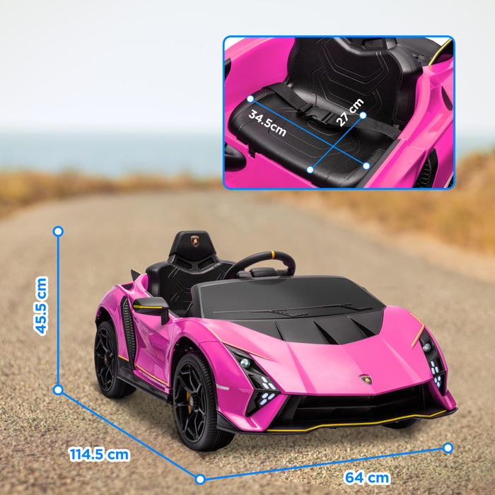 12V Lamborghini Autentica Licensed Ride on Car with Butterfly Doors, Battery Powered Kids Electric Car with Remote Control, 4 Suspension Wheels, Soft Start, LED Lights, Music, Horn, Pink