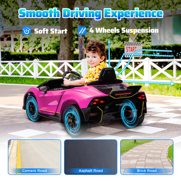 12V Lamborghini Autentica Licensed Ride on Car with Butterfly Doors, Battery Powered Kids Electric Car with Remote Control, 4 Suspension Wheels, Soft Start, LED Lights, Music, Horn, Pink