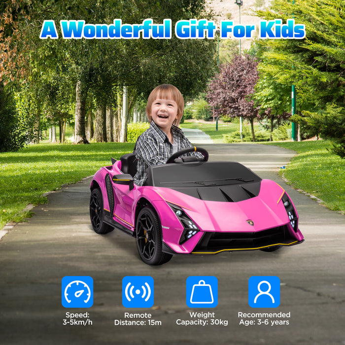 12V Lamborghini Autentica Licensed Ride on Car with Butterfly Doors, Battery Powered Kids Electric Car with Remote Control, 4 Suspension Wheels, Soft Start, LED Lights, Music, Horn, Pink