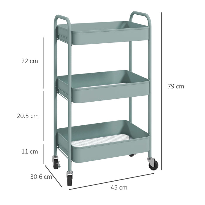 3 Tier Rolling Utility Cart with 3 Mesh Basket, Light Blue