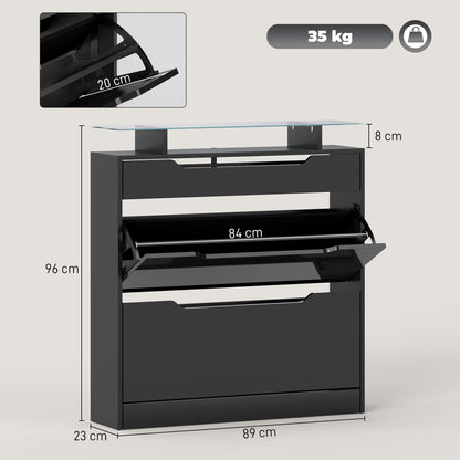 Shoe Cabinet with 3 Drawers, High Gloss Front Panels, Glass Top Black