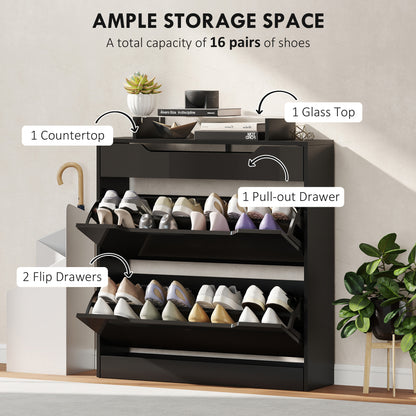 Shoe Cabinet with 3 Drawers, High Gloss Front Panels, Glass Top Black