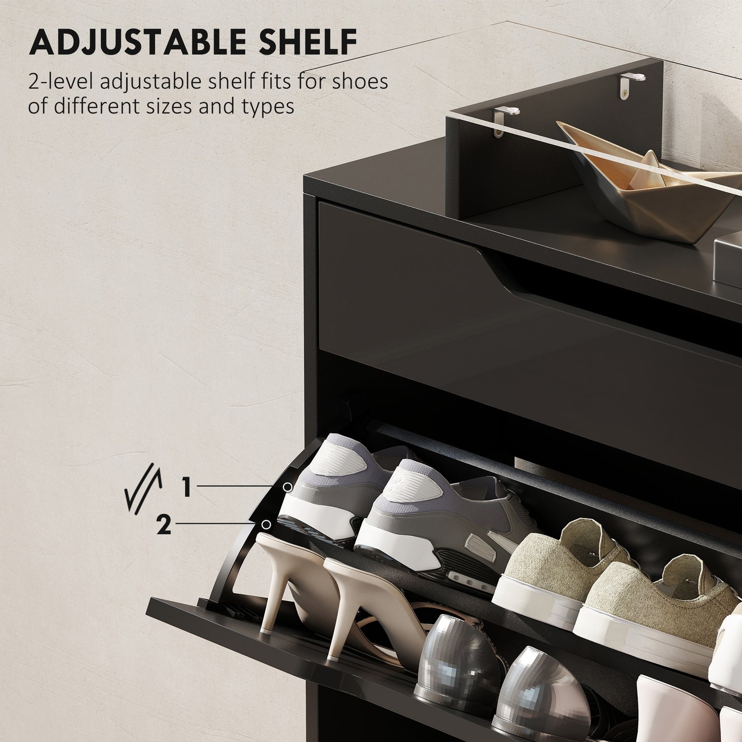 Shoe Cabinet with 3 Drawers, High Gloss Front Panels, Glass Top Black