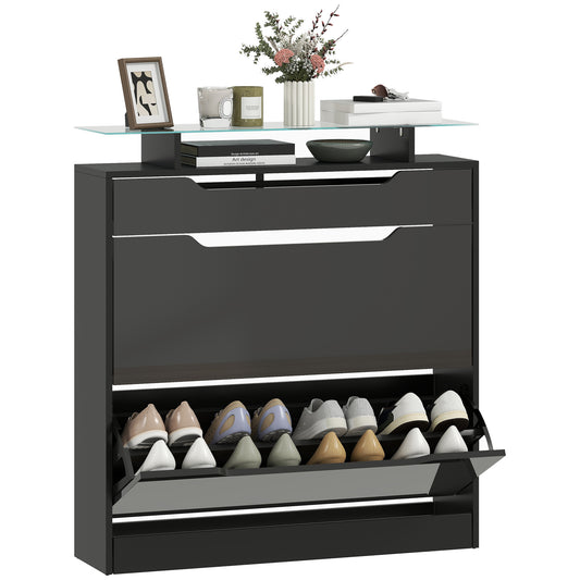 Shoe Cabinet with 3 Drawers, High Gloss Front Panels, Glass Top Black