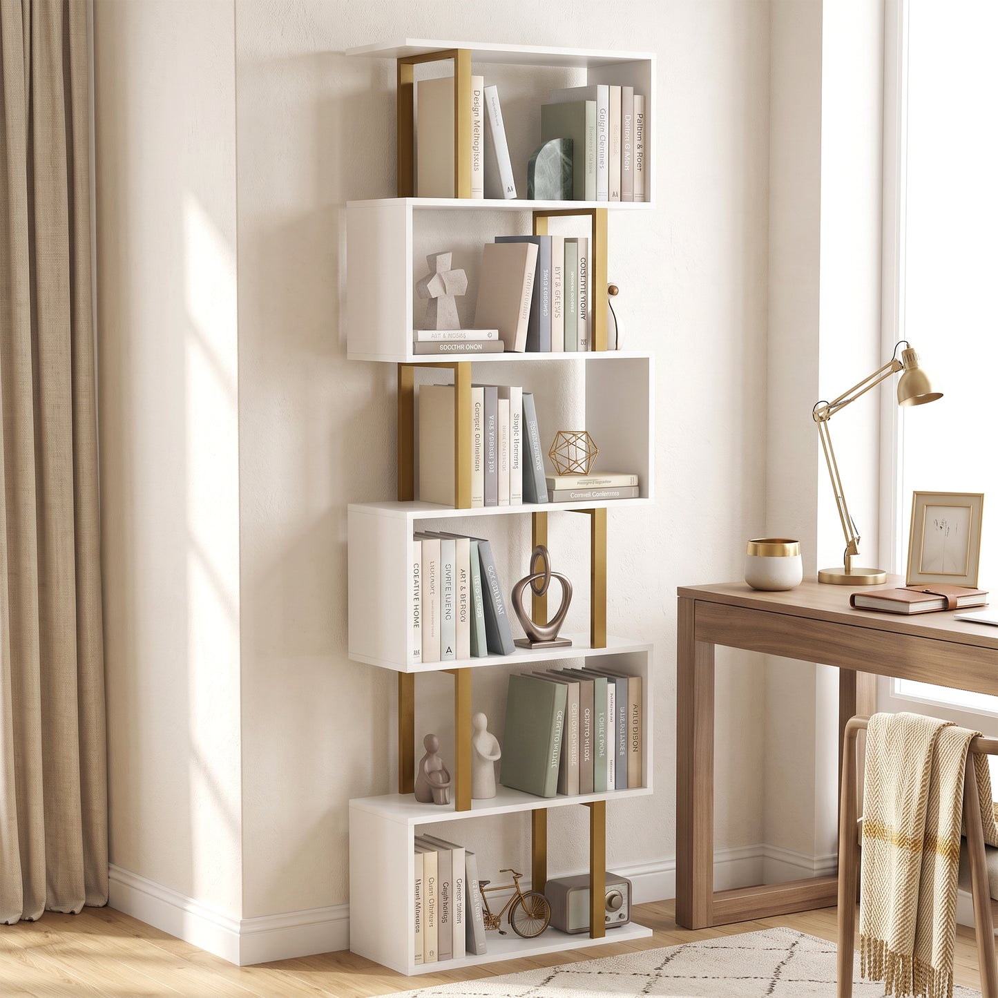 S-Shaped Bookshelf, 6-Tier Bookcase with Anti-Tip Strap, White