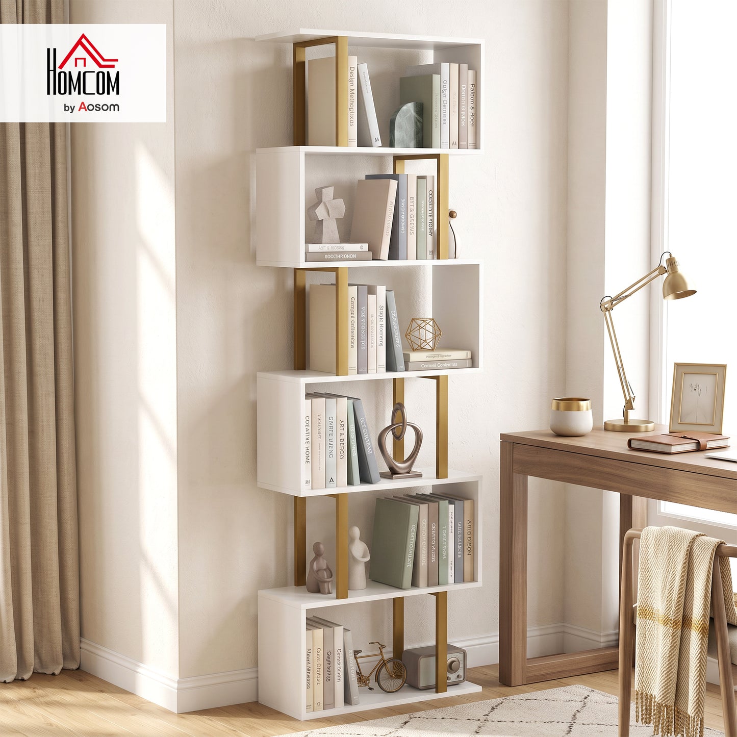 S-Shaped Bookshelf, 6-Tier Bookcase with Anti-Tip Strap, White