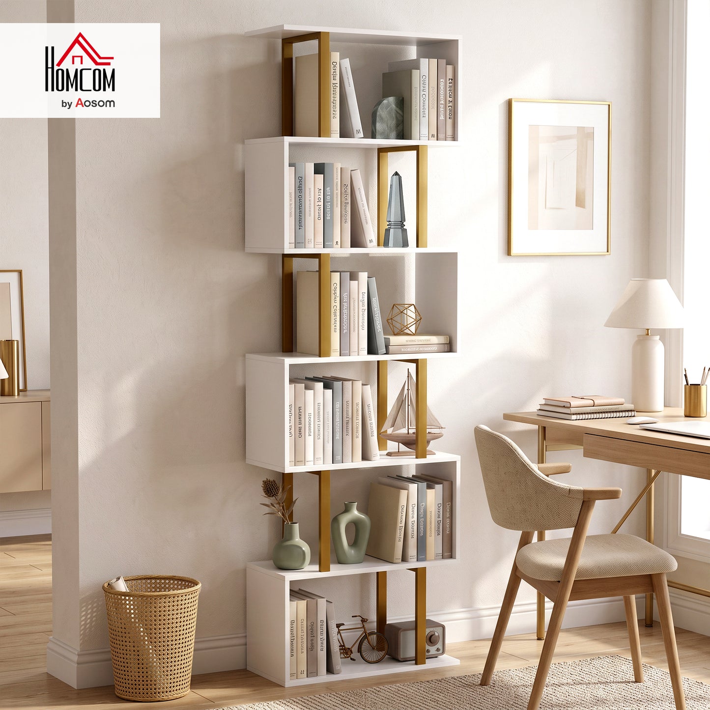 S-Shaped Bookshelf, 6-Tier Bookcase with Anti-Tip Strap, White