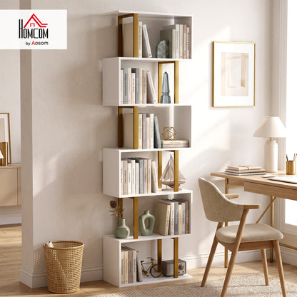 S-Shaped Bookshelf, 6-Tier Bookcase with Anti-Tip Strap, White