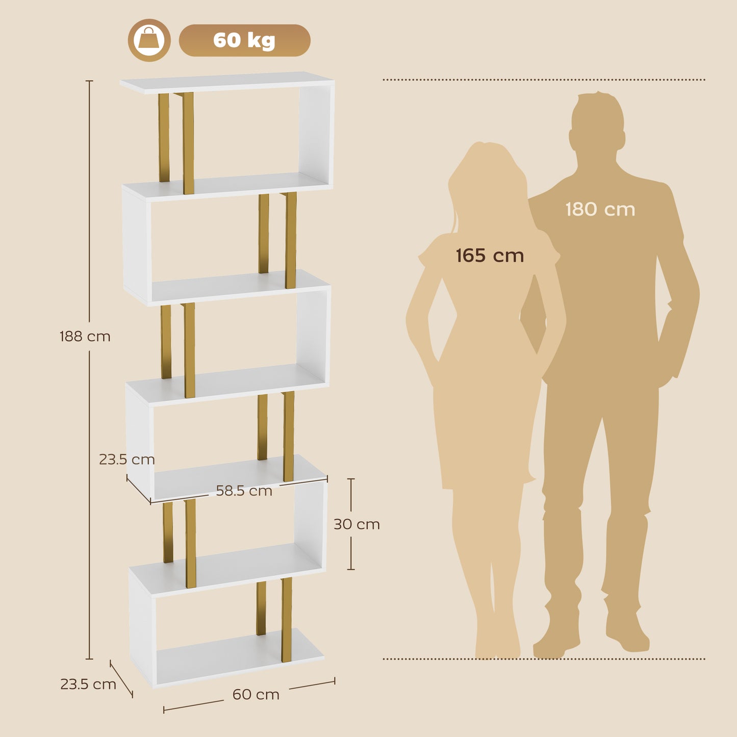 S-Shaped Bookshelf, 6-Tier Bookcase with Anti-Tip Strap, White