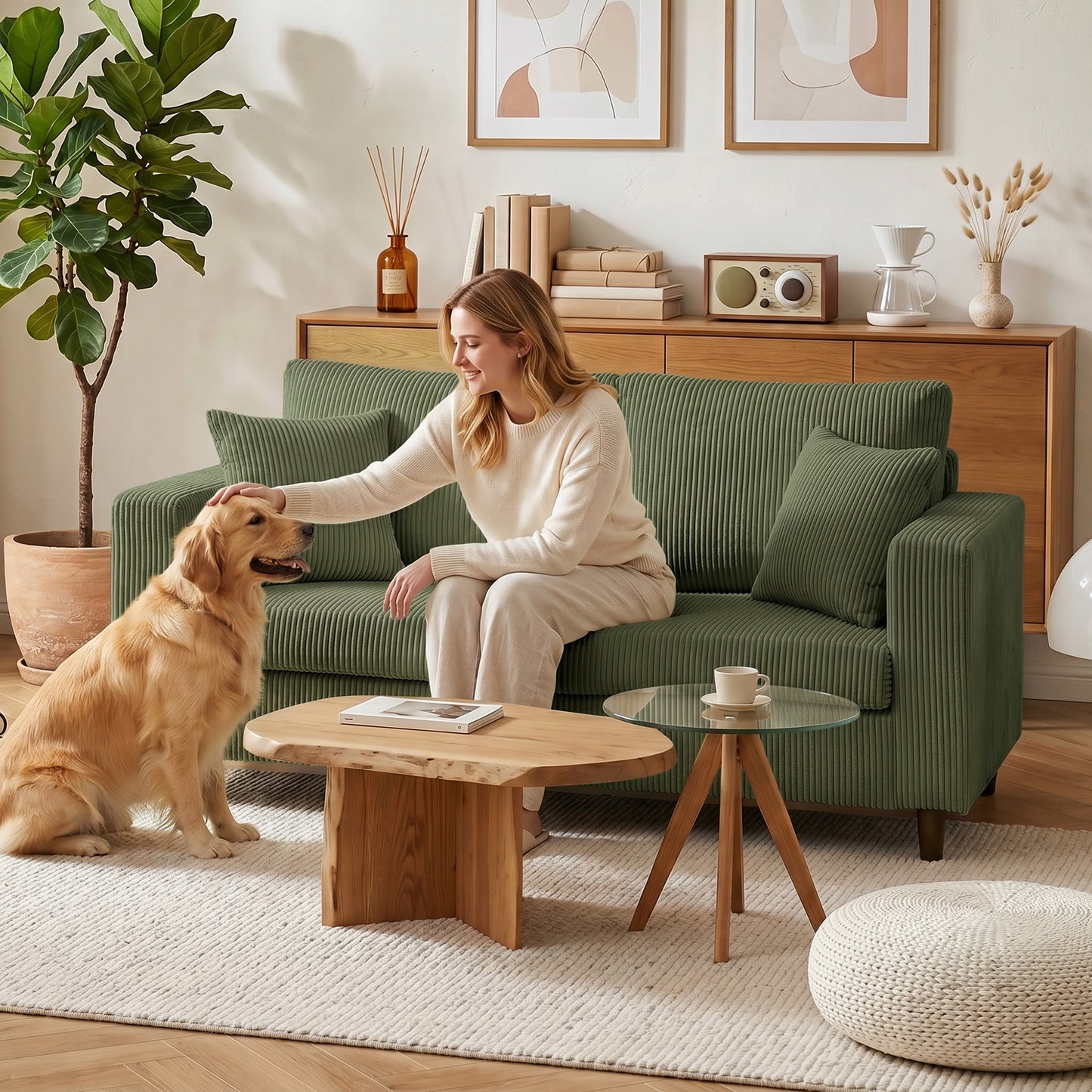 Loveseat Sofa with Wide Seat, Corduroy Upholstered, Green