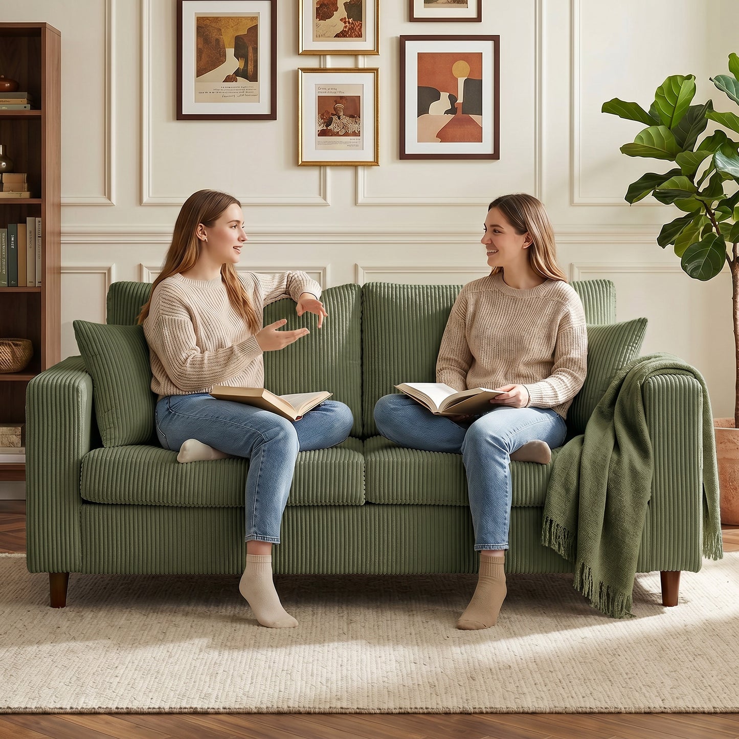 Loveseat Sofa with Wide Seat, Corduroy Upholstered, Green