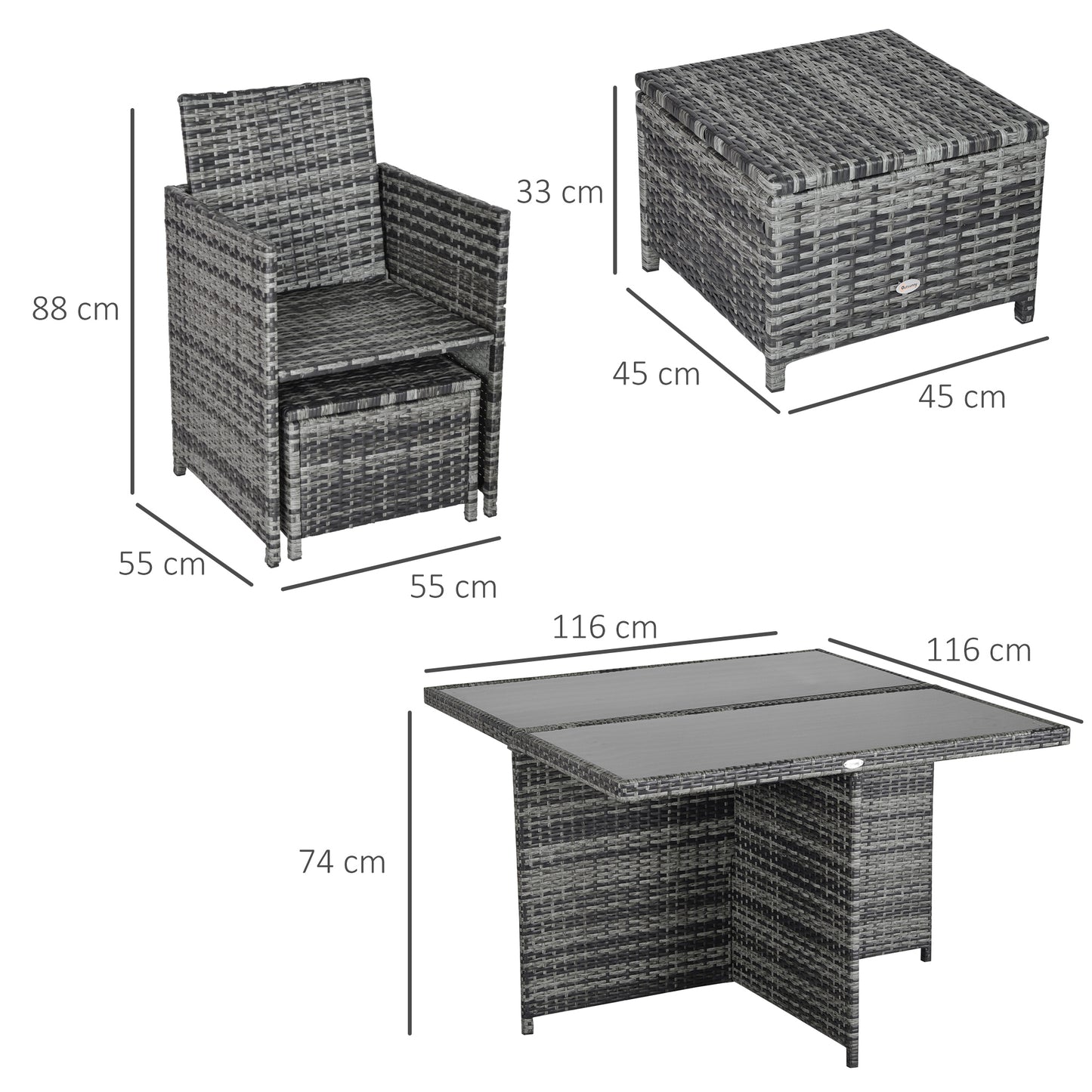 Outsunny 9 Pieces PE Rattan Cube Garden Furniture Set with Cushions, Outdoor Rattan Dining Set with 4 Armchairs, 4 Stools, and Tempered Glass Top Table for Space Saving, Grey
