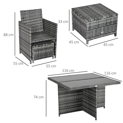 Outsunny 9 Pieces PE Rattan Cube Garden Furniture Set with Cushions, Outdoor Rattan Dining Set with 4 Armchairs, 4 Stools, and Tempered Glass Top Table for Space Saving, Grey