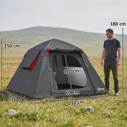 Camping Tent, 2 Man Dome Tent with 2 Doors and 2 Windows, 3000mm Waterproof, with Sewn-in Groundsheet, Carry Bag and Top Hook for Fishing Hiking Festival, Dark Grey & Red