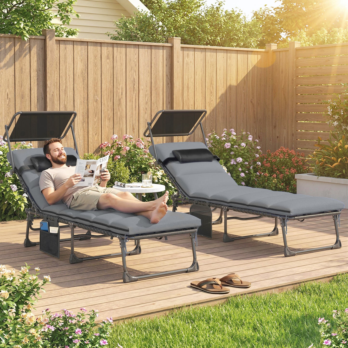 Folding Sun Loungers Set of 2, Sun Bed with Canopy, Light Grey
