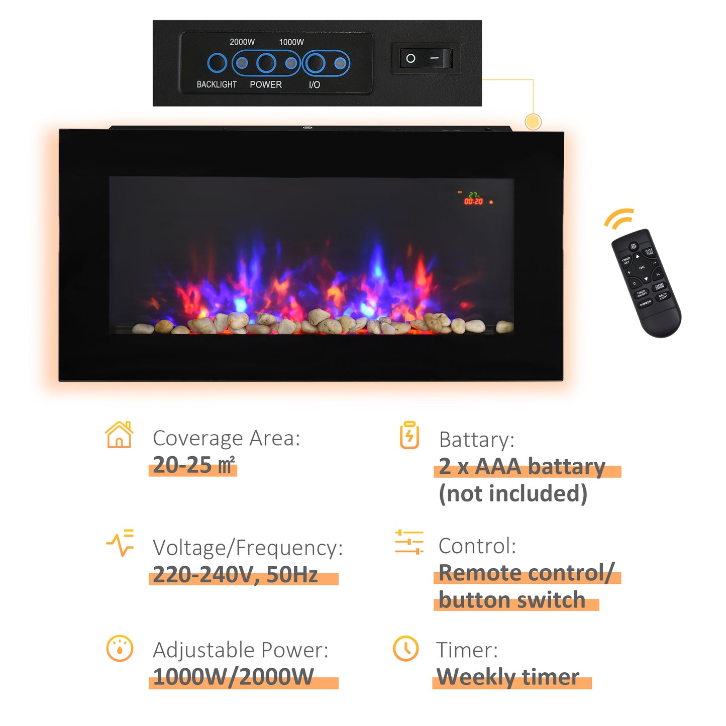 1000W/2000W LED Electric Fireplace Automatic Function Remote Timer Safe