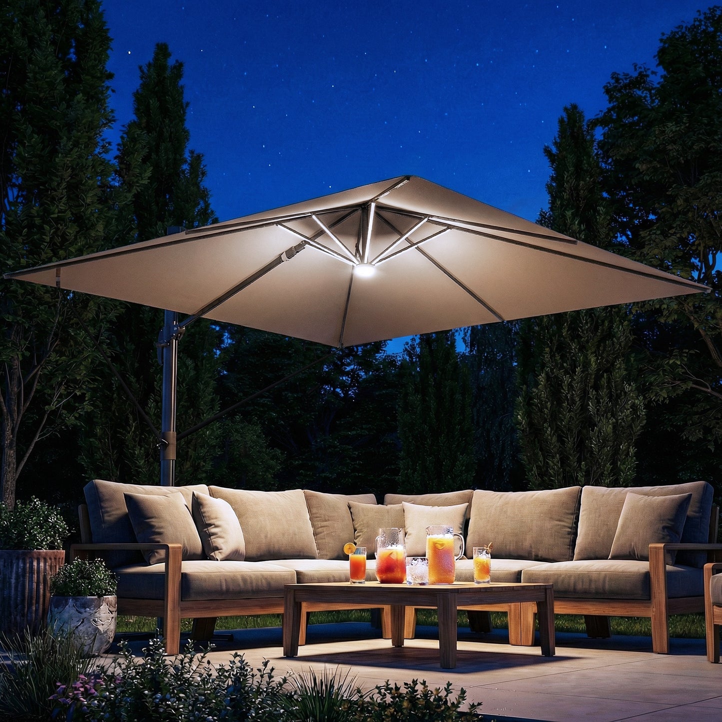 3 x 3 m Garden Cantilever Parasol w/ Light, Cover, Wind Protection