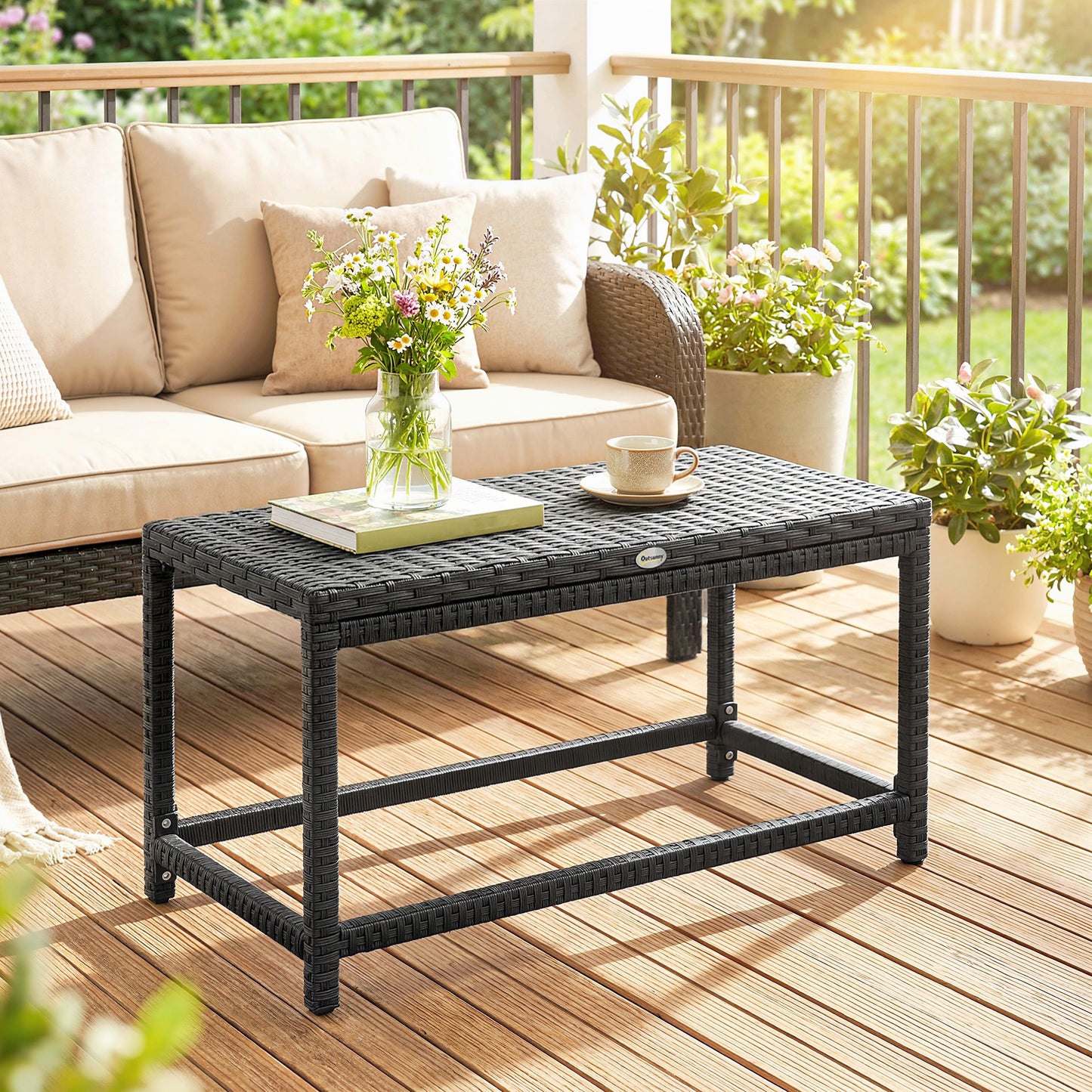 Outdoor Coffee Table, PE Rattan Side Table w/ Plastic Board, Black