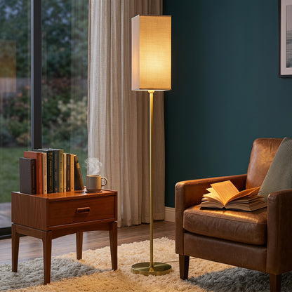 Floor Lamp, Modern Standing Lamp with Linen Shade, Gold Tone
