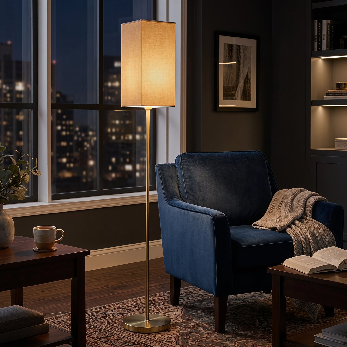 Floor Lamp, Modern Standing Lamp with Linen Shade, Gold Tone