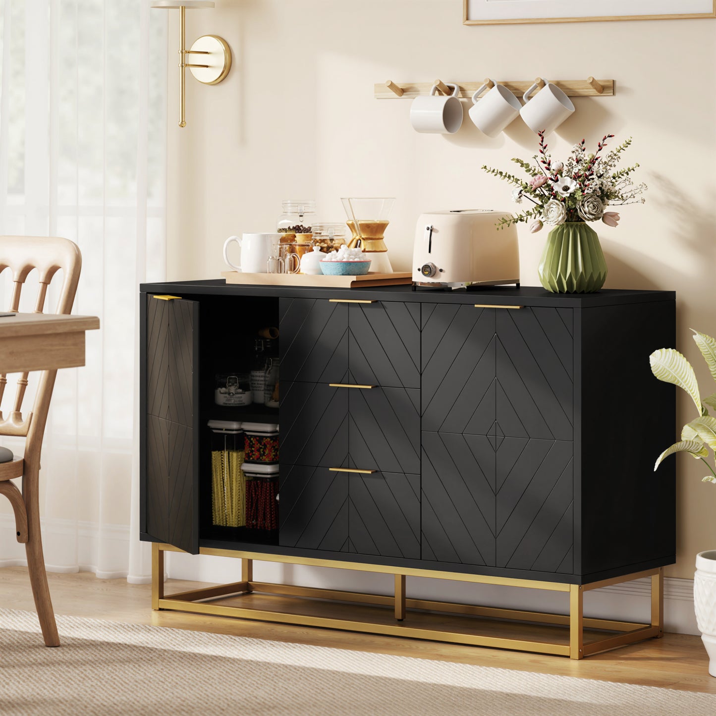 Sideboard Storage Cabinet with Adjustable Shelves, Black