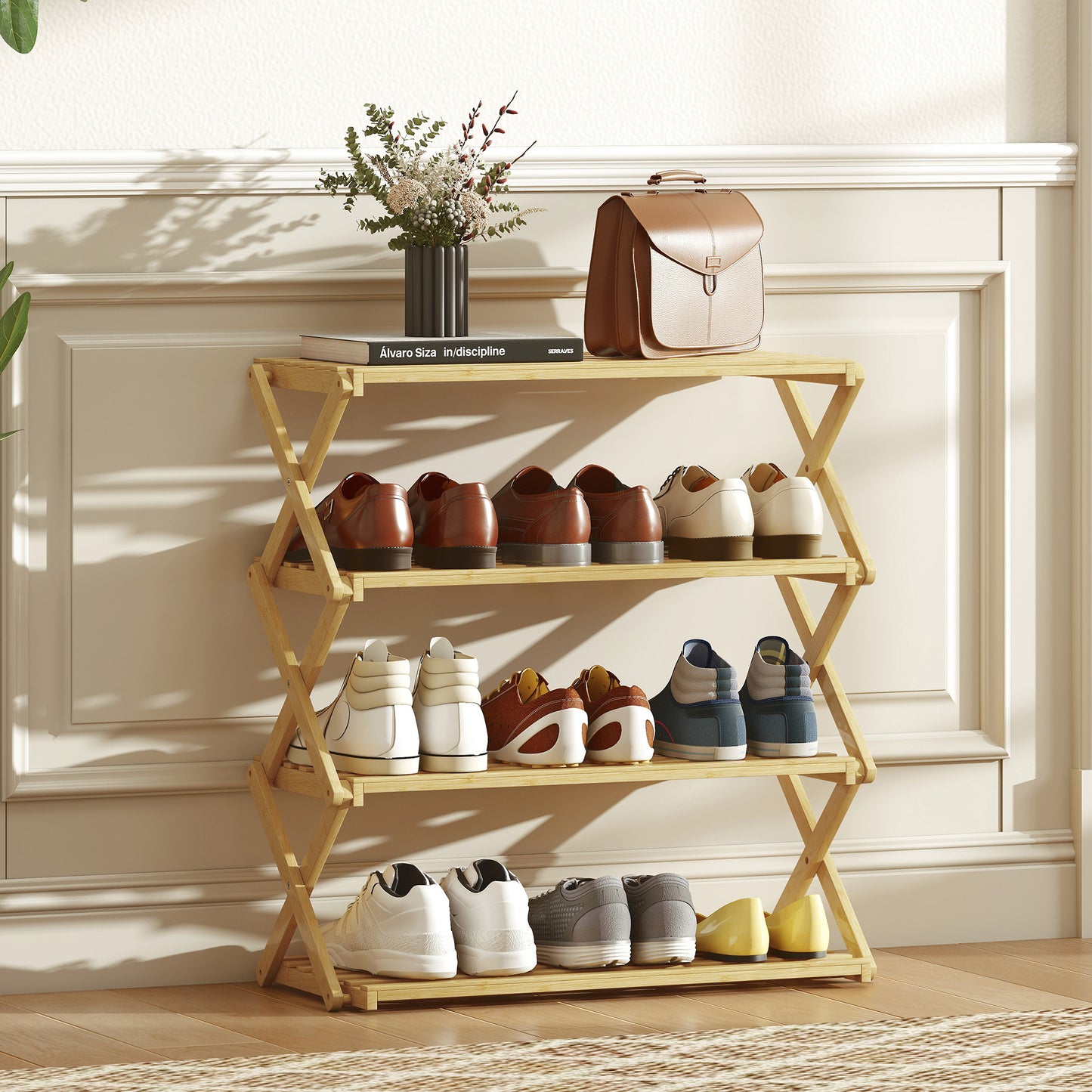 4-Tier Bamboo Shoe Rack, Folding Shoe Shelf, Holds up to 12 Pairs