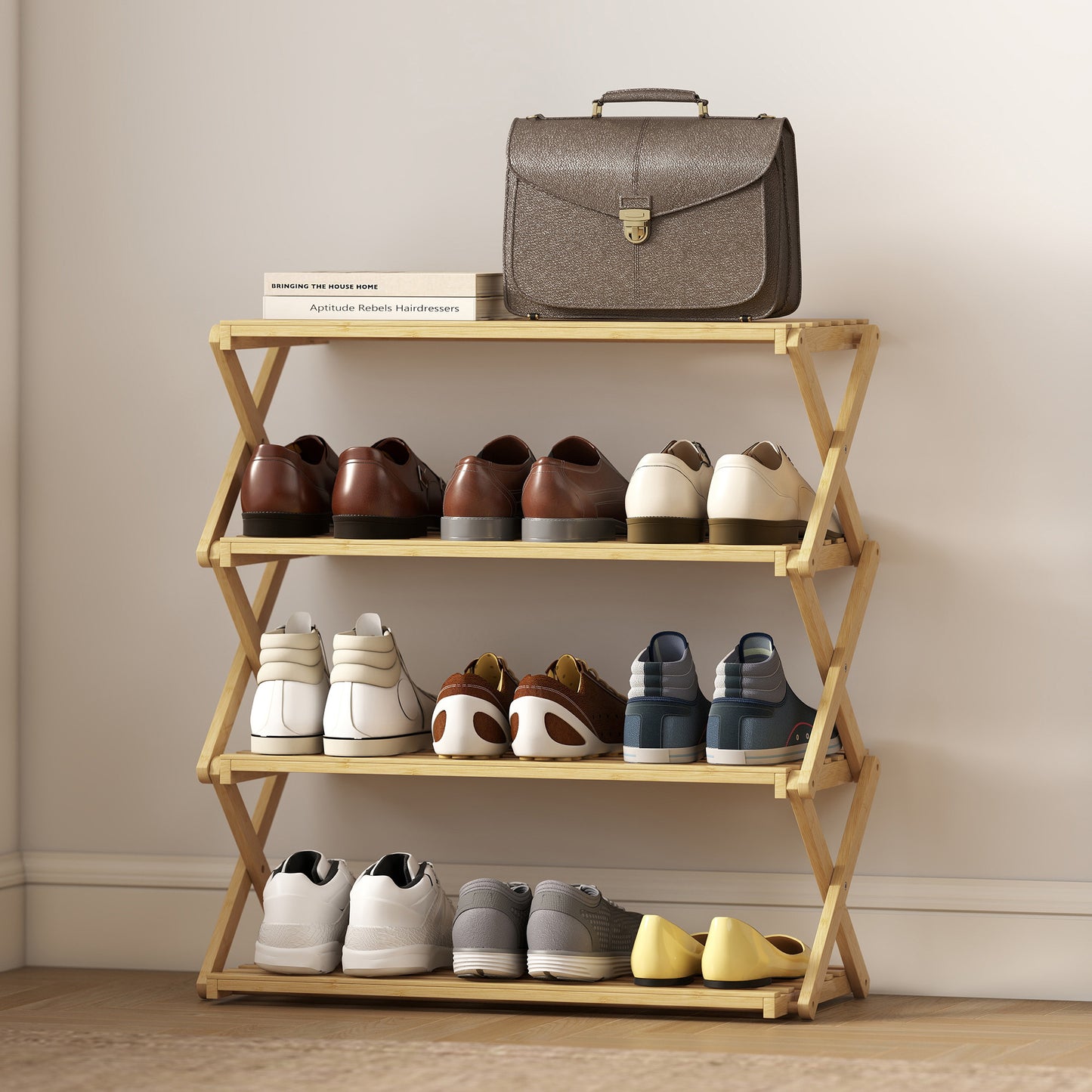 4-Tier Bamboo Shoe Rack, Folding Shoe Shelf, Holds up to 12 Pairs