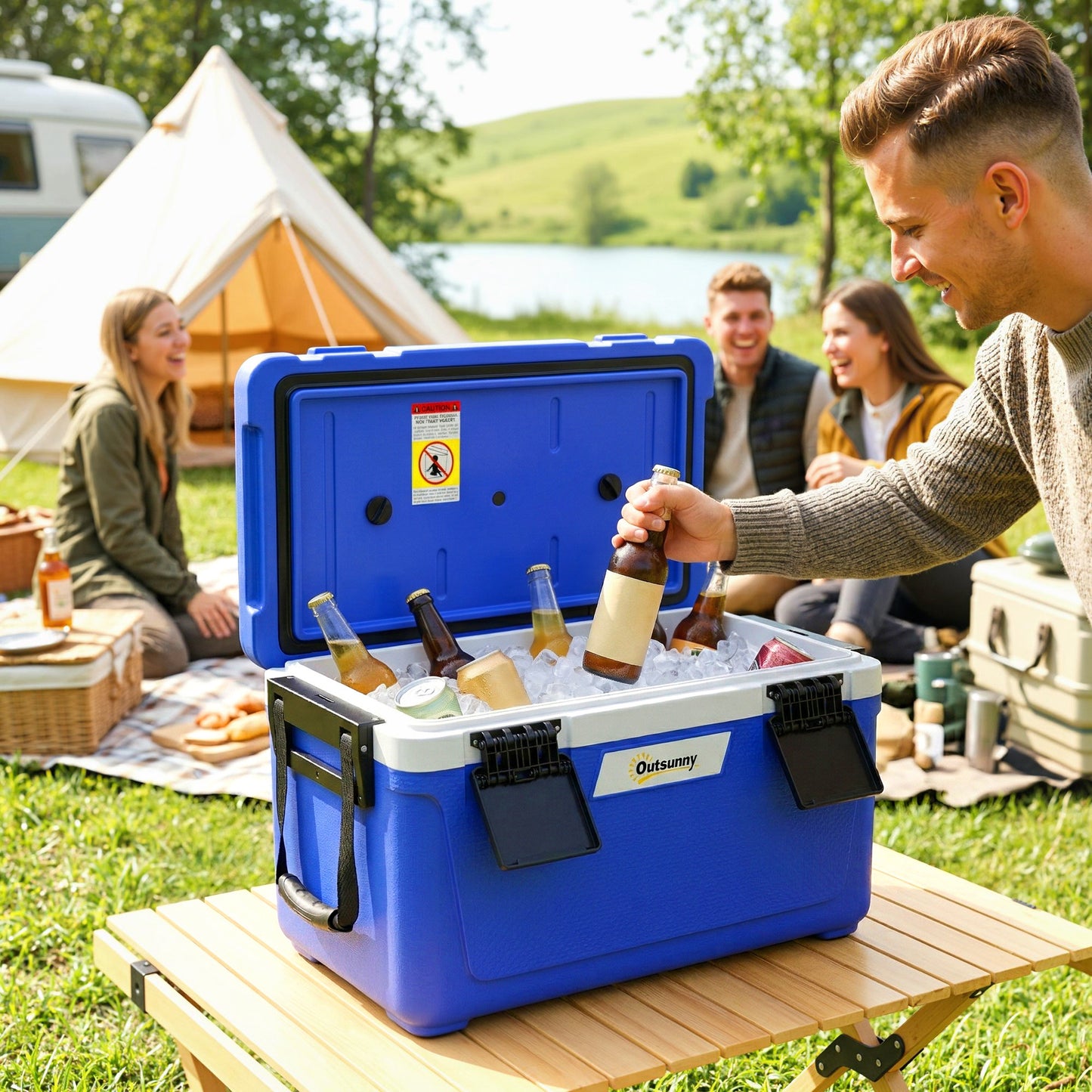 42.6L Insulated Cool Box, Portable Ice Cooler with Handle, Blue