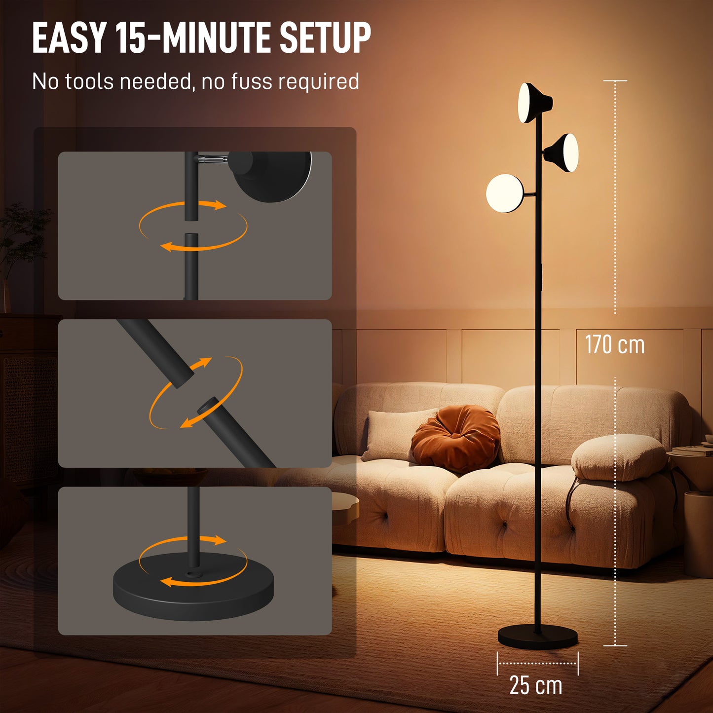 RGB Floor Lamp with 3 Rotatable Head, Modern Standing Lamp, Black